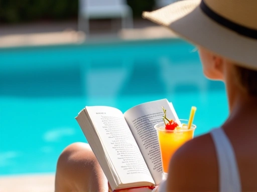 Osoba relaksująca się przy basenie z książką i zdrowym napojem