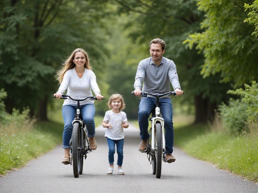 Rodzina jeżdżąca na rowerach po ścieżce rowerowej